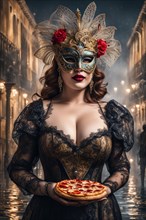 Woman in a vintage masquerade costume holding a sliced pizza, over a venetain misty cityscape at