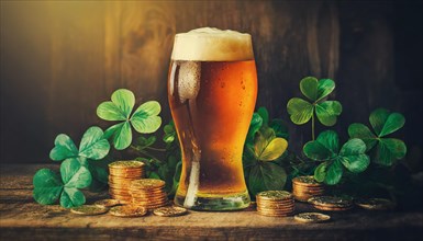 A pint of golden beer on an old wooden table among green clover leaves and gold coins. Happy St