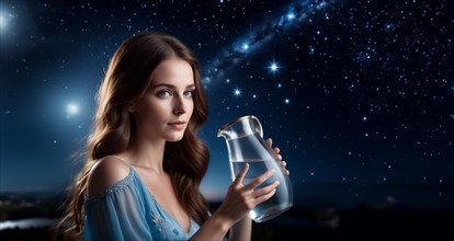 Young woman Aquarius according to the zodiac sign with brown hair and blue eyes against the
