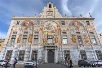 Facade of the Gothic Palazzo San Giorgio with Renaissance-style frescoes, built in 1260, Palazzo