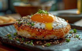 Crispy rice patty topped with a runny fried egg and sesame seeds, on a metal plate, AI generated