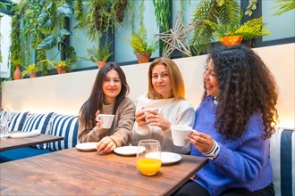 Three diverse adult caucasian woman chilling and talking in a cafeteria