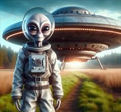 Science fiction, space travel, an extraterrestrial alien stands in front of a UFO on planet earth,