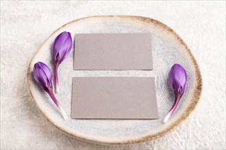 Gray paper invitation card, mockup with crocus flowers on ceramic plate and gray concrete
