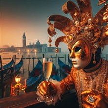 Person in an elegant carnival costume in front of misty Venetian scenery with gondolas at the