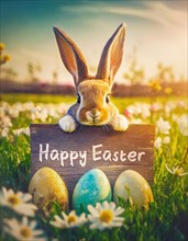Cute bunny holding a wooden board with Happy Easter text. Little rabbit hidden behind a wood banner