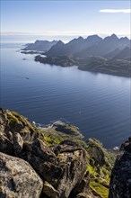View of Ulvagsundet fjord and mountains, view from the summit of Dronningsvarden or Stortinden,