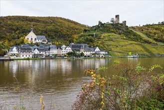 Vineyards in autumn colours and picturesque village, Beilstein, Moselle, Rhineland-Palatinate,