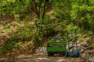 Green motorized hand operated truck and blue dolly sitting on sidewalk in wilderness park
