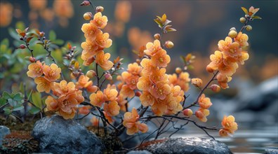 Vivid Berberis thunbergii orange blossoms emerging from rocks by water, creating a tranquil scene,