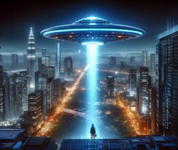 An alien UFO, a flying saucer, flies over the skyline of a metropolis on planet Earth, AI