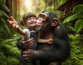 A chimpanzee hugs a little girl and kisses her on the cheek, AI generated, AI generated