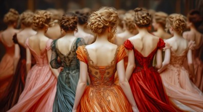 Numerous women with braided hairstyles in various colored dresses facing away, AI generated