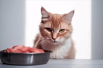 Cat with bowl with raw meat. KI generiert, generiert AI generated