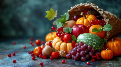 A rich fall display of fruits and vegetables with pumpkins and watermelon, framed by autumn leaves,