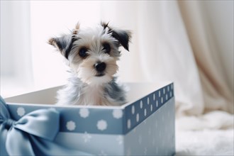 Small dog in blue gift box. KI generiert, generiert AI generated
