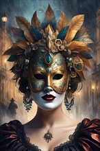 Mysterious atmosphere with a woman in a richly adorned masquerade mask and gothic attire ready for