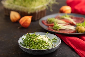 Slices of smoked salted meat with cilantro microgreen on black concrete background and red textile.