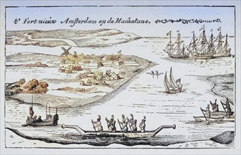 Fort and settlement of New Amsterdam on Manhattan Island in the 1620s. From American Pictures Drawn