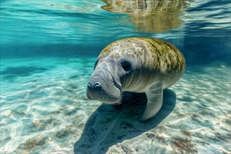 A manatee (Trichechus manatus) swims serenely in clear blue water, surrounded by natural beauty, AI