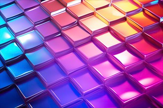 Array of 3D cubes illuminated with vibrant gradients of blue, pink, and orange lights creating a