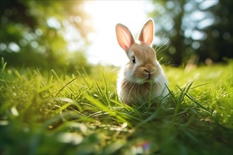 Bunny with large, attentive ears, basking in the golden hour sunlight amidst a lush green field, AI
