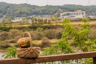 Jack-O-Lantern in wicker basket sitting on wooden railing with river and trees blurred out in
