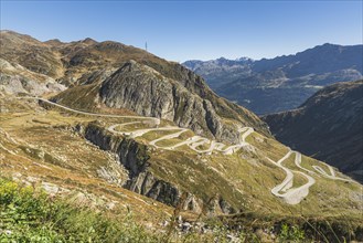 Gotthard Pass, view of the old pass road in Val Tremola, alpine mountain road with numerous hairpin