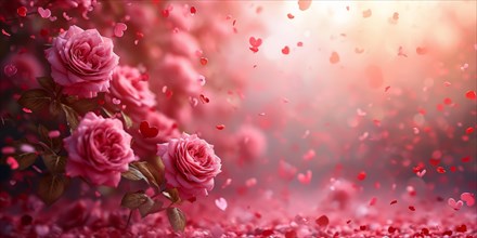 Pink roses with heart-shaped bokeh and petals, symbolizing romance, AI generate, AI generated