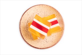 Almond milk and peach jelly isolated on white background. top view, flat lay, close up