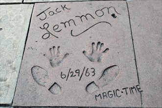 Handprints and footprints of JACK LEMMON, Hollywood Boulevard, Los Angeles, California, USA, North