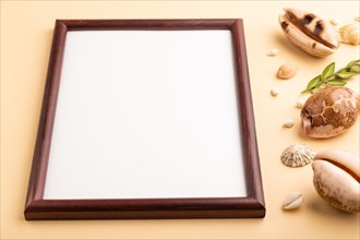 Composition with wooden frame, seashells, green boxwood. mockup on orange background. Blank, side