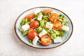 Vegetarian vegetables salad of tomatoes, marigold petals, microgreen sprouts, feta cheese on gray