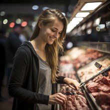 Young woman shopping in supermarket, at the cheese counter, meat counter, fruit stand, bakery, fish