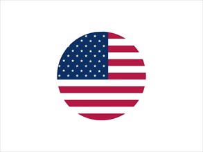 Circular design inspired by the United States flag with stars and stripes in red, white, and blue