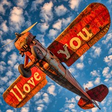 An old red high-wing plane with a radial engine and balloon tyres, I Love You written on the wings,