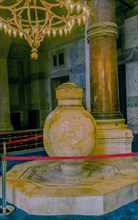 Large 16th century marble jar on display inside Hagia Sopia Mosque in Istanbul, Turkiye