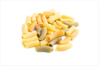 Rigatoni colored raw pasta isolated on white background. Side view
