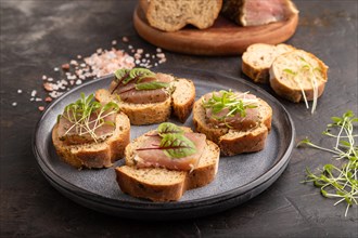 Bread sandwiches with jerky salted meat, sorrel and cilantro microgreen on black concrete