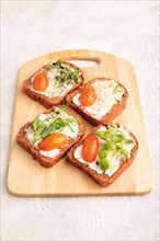 Red beet bread sandwiches with cream cheese, tomatoes and microgreen on gray concrete background.