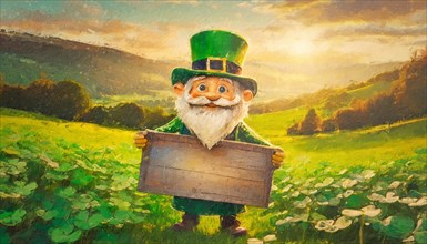 Happy st patrick's day background with an old leprechaun holding a blank wooden board on a green