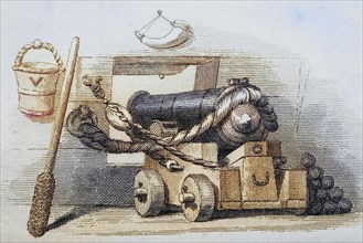 Cannon with cannonballs, c. 1810, Illustration from England's Battles at Sea and on Land by