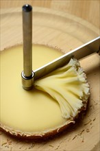 Cheese 'Tete de Moines' with turning knife Girolle, cheese rosettes, Moenchskopf, Switzerland,