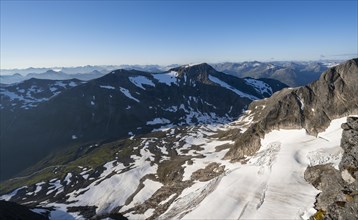 Mountain panorama, glacier remnants of Skalabreen, view from the summit of Skala, Loen, Norway,