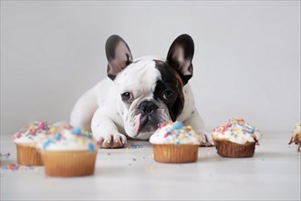 French Bulldog dog with colorful cupcakes. KI generiert, generiert AI generated