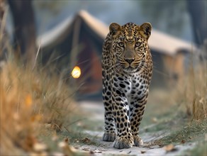 Leopard (Panthera pardus) in natural environment with tent camp for tourists in the background, AI