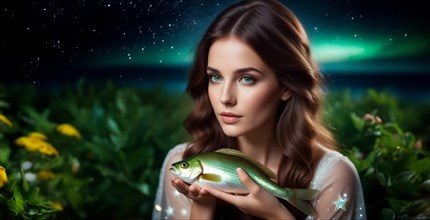 Young woman Pisces according to the zodiac sign with brown hair and blue eyes with a fish in her