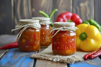 Preserving jars with red pepper jam on a burlap base and rustic wooden background, AI generated, AI