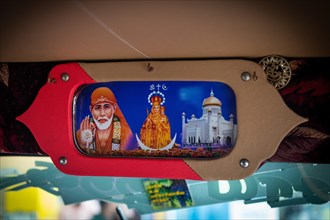 Sai Baba, Mary and mosque, depicted in a rickshaw, Pondicherry or Puducherry, Tamil Nadu, India,