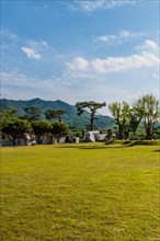Landscape of rock garden under blue cloudy sky in Gimcheon, South Korea, Asia
